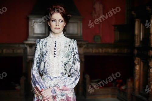Preview: Young Beautiful Woman In Pink Dress Posing In Luxury Palace