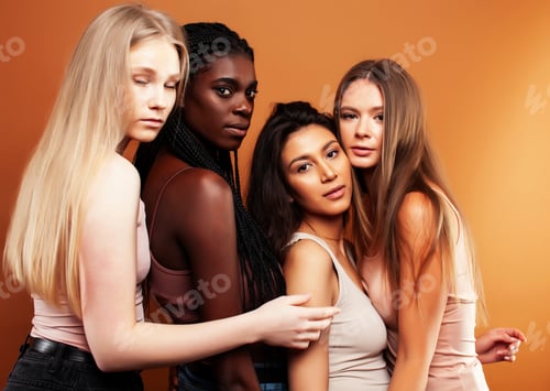 Preview: Young Pretty Asian, Caucasian, Afro Woman Posing Cheerful Together On Brown Background, Lifestyle