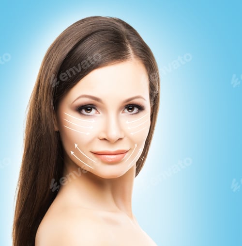 Preview: Close-Up Portrait Of Beautiful, Fresh, Healthy And Sensual Girl With Arrows On Her Face. Medicine
