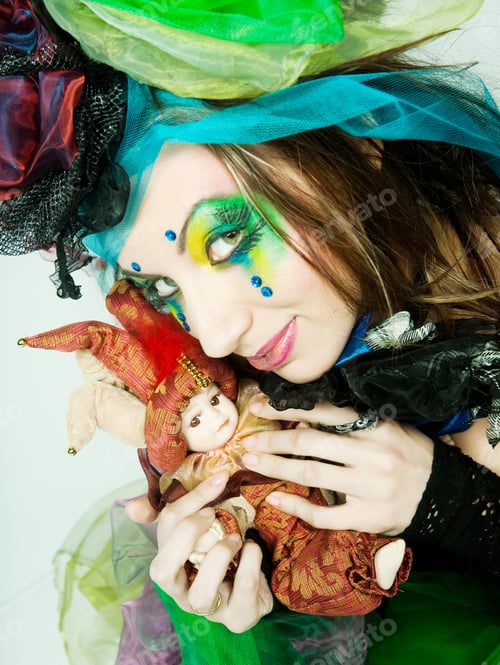 Preview: Young Model In Carnaval Dress With Creative Make-Up. Doll Style.