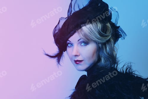 Preview: Elegant Middle-Aged Woman In A Black Hat With A Veil And A Luxury Dress. Vintage Style.