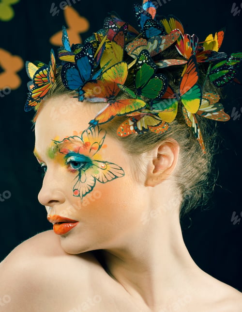 Preview: Woman With Summer Creative Make Up Like Fairy Butterfly Closeup Bright Colored Background