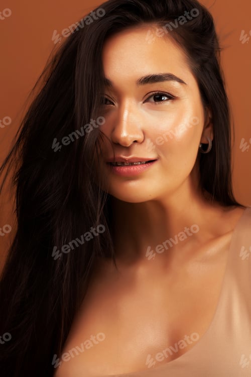 Preview: Young Pretty Asian Woman Cheerful Smiling Posing On Warm Brown Background, Lifestyle People Concept