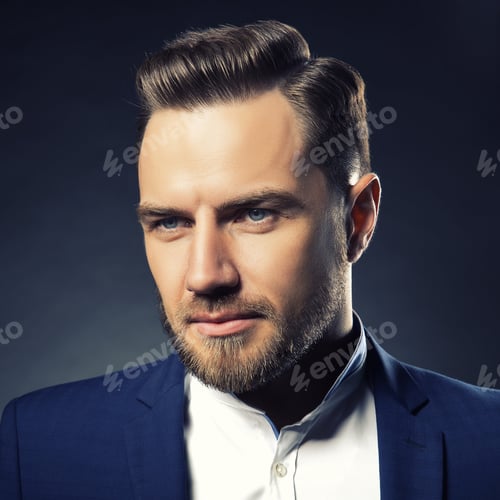 Preview: Portrait Of Handsome Stylish Caucasian Bearded Young Man In Elegant Blue Suit And White Shirt With
