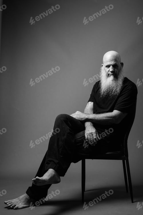 Preview: Mature Bald Man With Long White Beard In Black And White