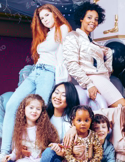 Preview: Lifestyle And People Concept: Young Pretty Diversity Nations Woman With Different Age Children