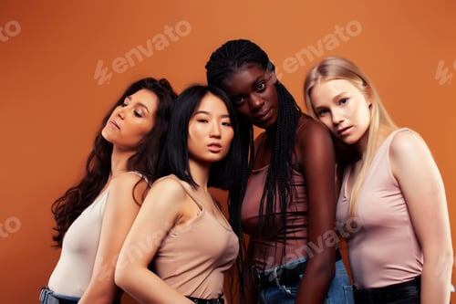 Preview: Young Pretty Asian, Caucasian, Afro Woman Posing Cheerful Together On Brown Background, Lifestyle