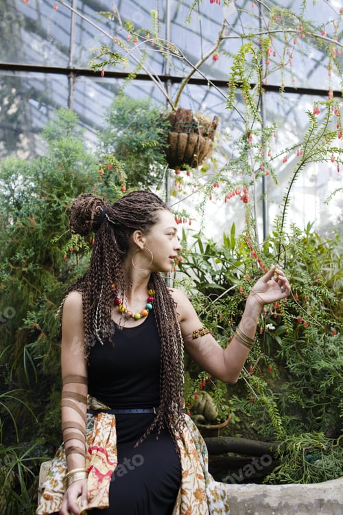 Preview: Young Cute Smiling Real Stylish Dressed Woman In Green Palm Park Smiling, Resting, Enjoing