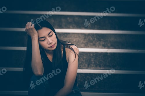 Preview: Beautiful Thai Woman Very Sad From Unrequited Love,Rethink,Think Over,Vintage Style,Dark