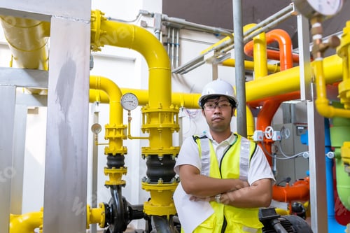 Preview: Asian Engineer Wearing Glasses Working In The Boiler Room,Maintenance Checking Technical Data Of