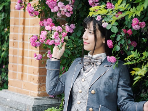 Preview: Outdoor Portrait Of Beautiful Young Chinese Girl In School Uniform Japanese Style Smiling Among
