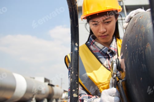 Preview: A Female Asian Worker Wearing A Yellow Vest And Helmet Is Servicing An Industrial Air Tank In The