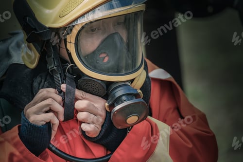 Preview: Firefighter Wearing Mask And Safety Suite For Fire Fighting, Fire Safety Concept