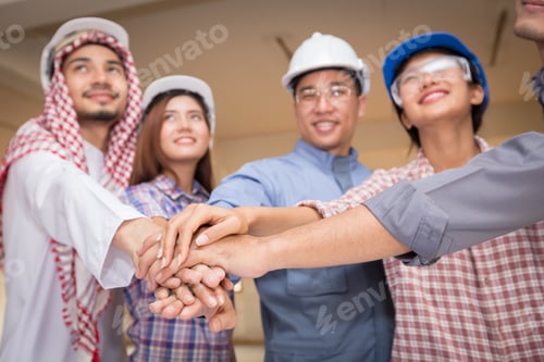 Preview: Harmonious Muslim Engineer And Technician Team Meeting In Building Construction Site. Stacking
