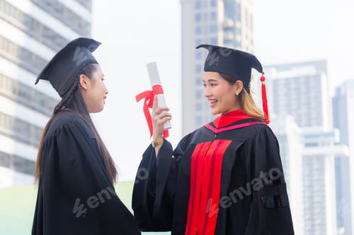 Preview: Graduation Friend Celebrate Degree Concept. Happy Students With Diplomas Outdoors. Graduation