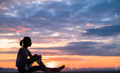 Preview: Silhouette Of Free Woman Enjoying Freedom Feeling Happy At Sunset,Roof