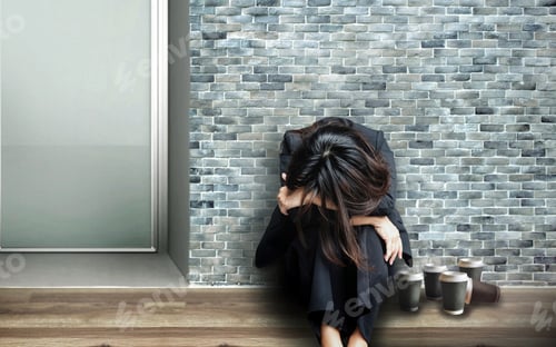 Preview: Tired Business Woman Sleep On Floor With Many Coffee Cups In Workaholic Concept
