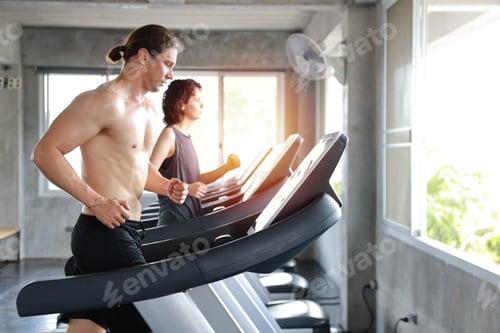 Preview: Close Up Image Of Healthy And Sexy Caucasian Muscle Man In Shirtless Who Running On Exercise