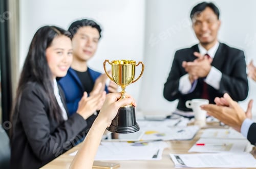 Preview: Winning Business Team Gold Trophy , Business Team Happy Consent And Successful Business Team