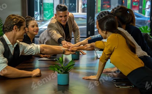 Preview: Teamwork Successful Concept.Business Team Stacking Hands For Successful Business In Office.Group Of