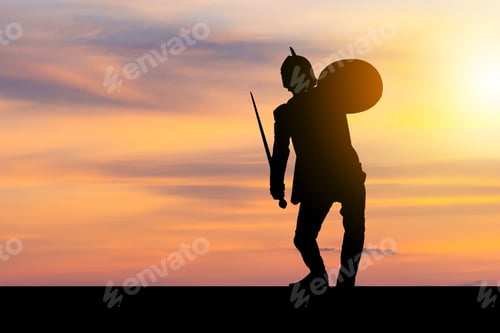 Preview: Silhouette Of Business Man In Knight Sword And Shield Costume With Clipping Path Sunset Background