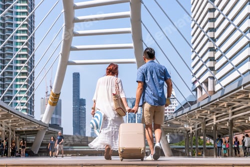 Preview: Young Asian Couple Walking With Luggage Travel Summer Vacation Or Honeymoon Trip