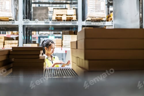 Preview: Asian Female Worker In Safety Vest Sitting And Working With Computer Laptop In Storage Warehouse