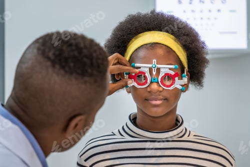 Preview: African Young Woman Girl Doing Eye Test Checking Examination With Male Man Optometrist Using Trial