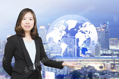 Preview: Businesswoman With Maps And Globes.