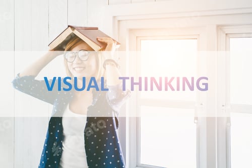 Preview: Visual Thinking ? Text With Beautiful Hipster Woman Holding Book On Head And Stylish Glasses In
