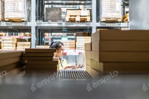 Preview: Asian Female Worker In Safety Vest Sitting And Working With Computer Laptop In Storage Warehouse