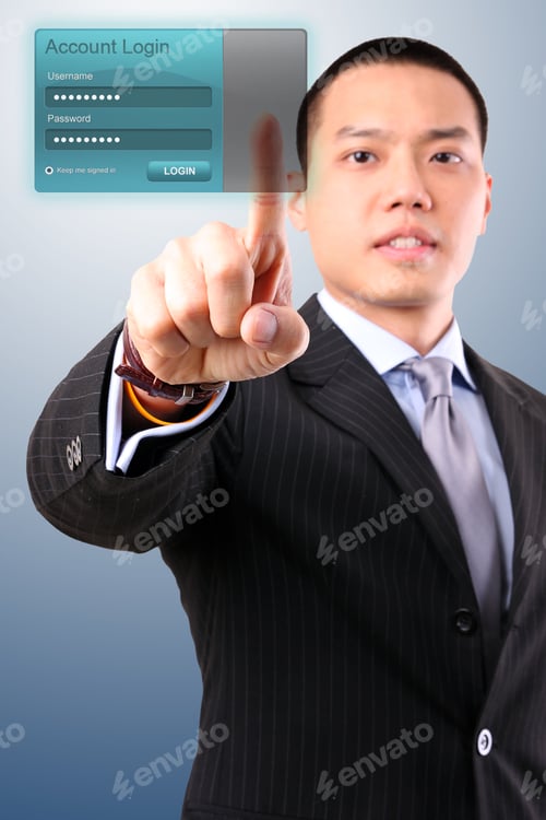 Preview: Businessman Press Touch Screen Login Button On Internet Sign In Page On Computer Screen