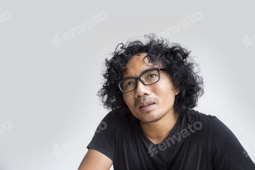 Preview: Close Up Asian Thai Man Thinking Action And Look Up For Idea Or Imagination To Future Like