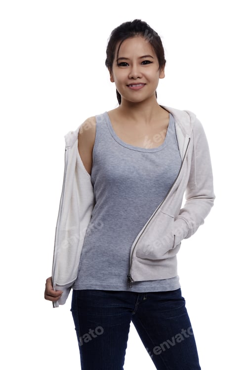 Preview: Fitness Woman Portrait Isolated On White Background - Fresh And Smiling Happy Beautiful Asian
