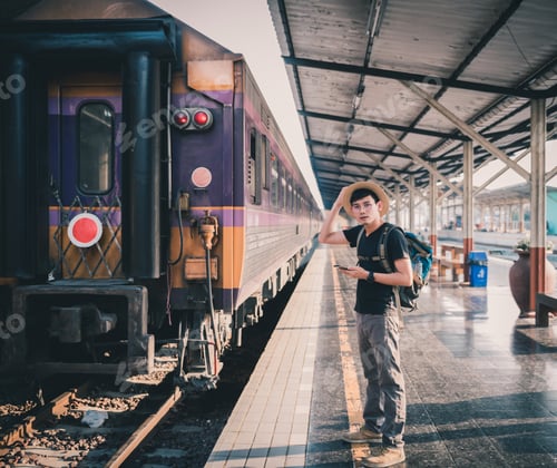 Preview: An Asian Man, A Backpack And A Hat At The Train Station With Travelers. Tourism Concept