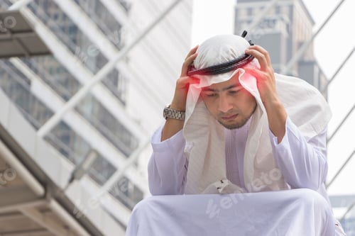 Preview: Arabian Man Having Headache At Cityscape, Pain Concept.