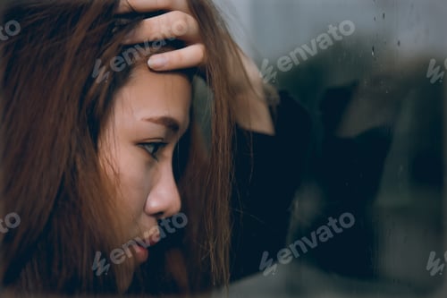 Preview: Closeup Asian Woman Sad From Love At Mirror With Reflection In A Raining Day Vintage