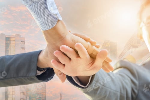 Preview: Success Teamwork Concept, Ant'S Eye View Business People Joining Hands City Sunset Double Exposure