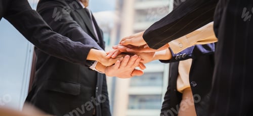 Preview: Successful And Teamwork Concept, Business People Team Joining Hands After Meeting In Modern Office