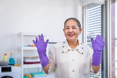 Preview: Asian Senior Elder Woman Wearing Rubber Gloves And Rise Hands In Laundry Room With Proud, Looking
