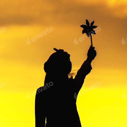 Preview: Silhouette Of Beautiful Girl Holding Wind Toy Or Wind Turbine Or Pinwheel And Wool Hat With Golden