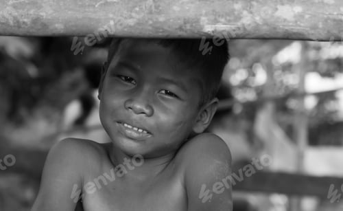 Preview: Boy Looking For Something, Countryside Of Thailand.Blackand White Tone.