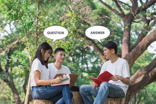 Preview: Three Students Making Group Prepare Exam. People Meeting Team In The Park Outdoors. Concept Of