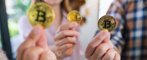 Preview: Closeup Image Of A Group Of People Holding And Showing Golden Color Bitcoins In Hands
