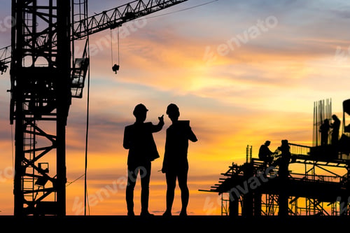 Preview: Silhouette Of Engineer And Worker Checking Project At Building Site Background, Construction Site