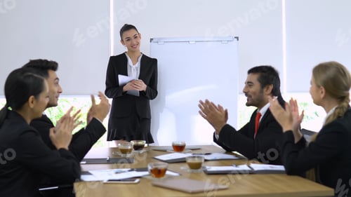 Preview: Business Girl Explaining About Her Project And Everyone In Meeting Room Agree Her.