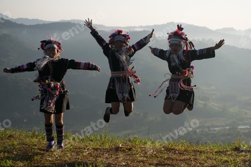 Preview: Jumping,Akha Tribe Jumping On The Mountain In The Morning, Chiang Rai Thailand