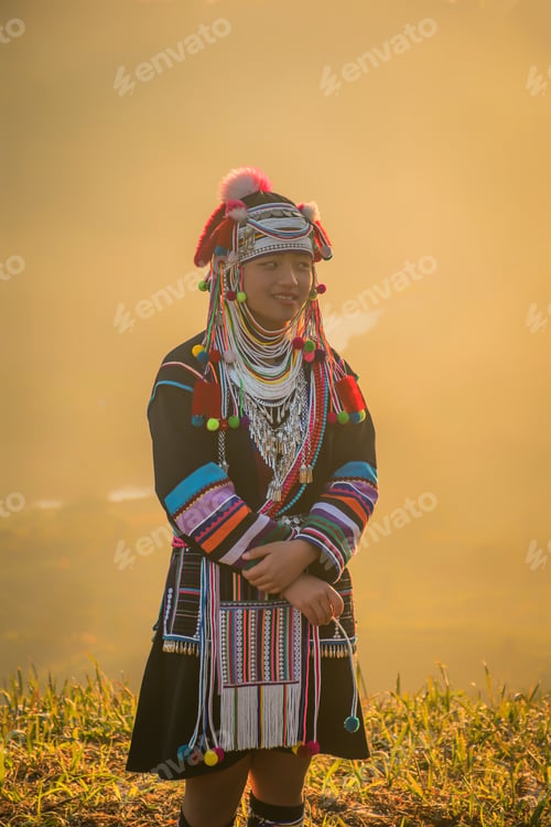 Preview: Young Asian Lady Akha Tribe,Akha Hill Standing On The Mountain In The Morning, Chiang Rai Thailand