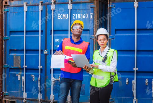 Preview: Worker Man In Hardhat And Safety Vest Holding Clipboard Checklist And Female Foreman Using Laptop