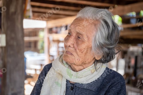 Preview: Portrait Of Asian Senior Women, Older Woman With Short Grey Hair Sitting At Home In The Countryside